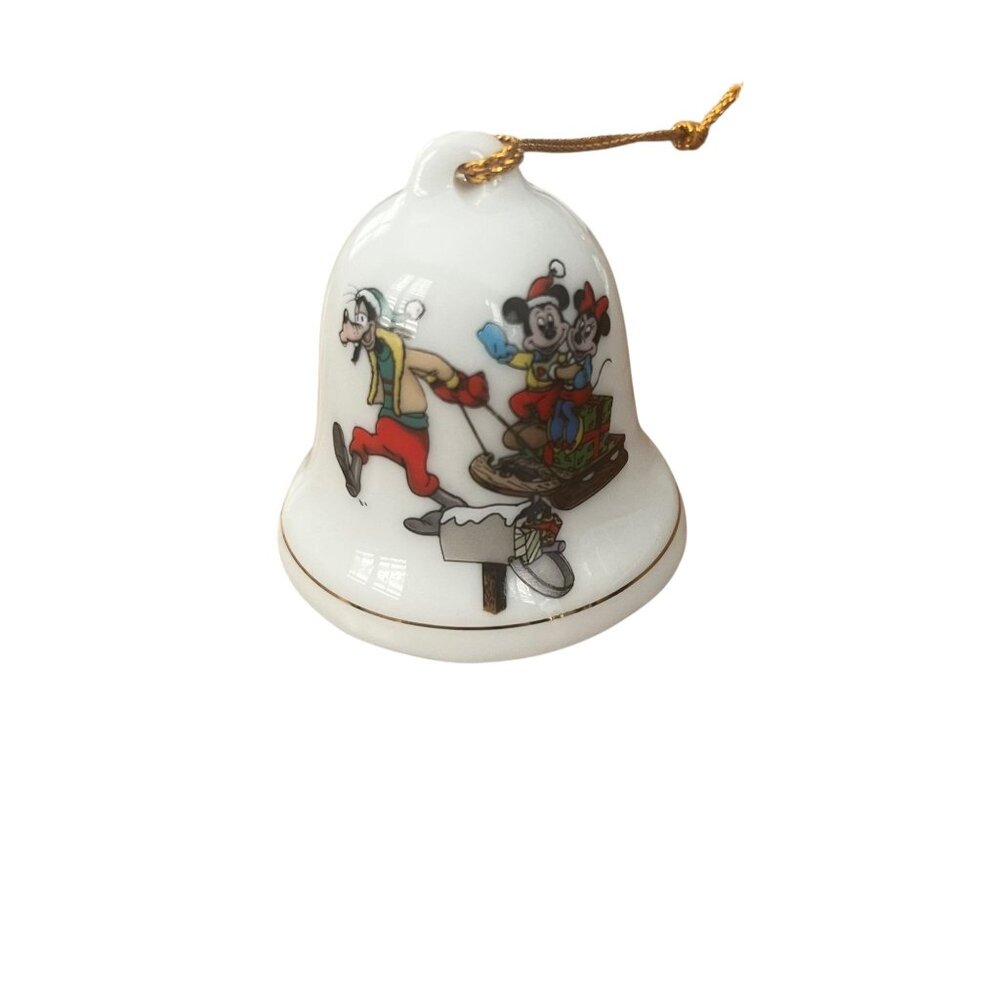 Grolier Mickey Disney Sledding Christmas Porcelain Bell Ornament 1993